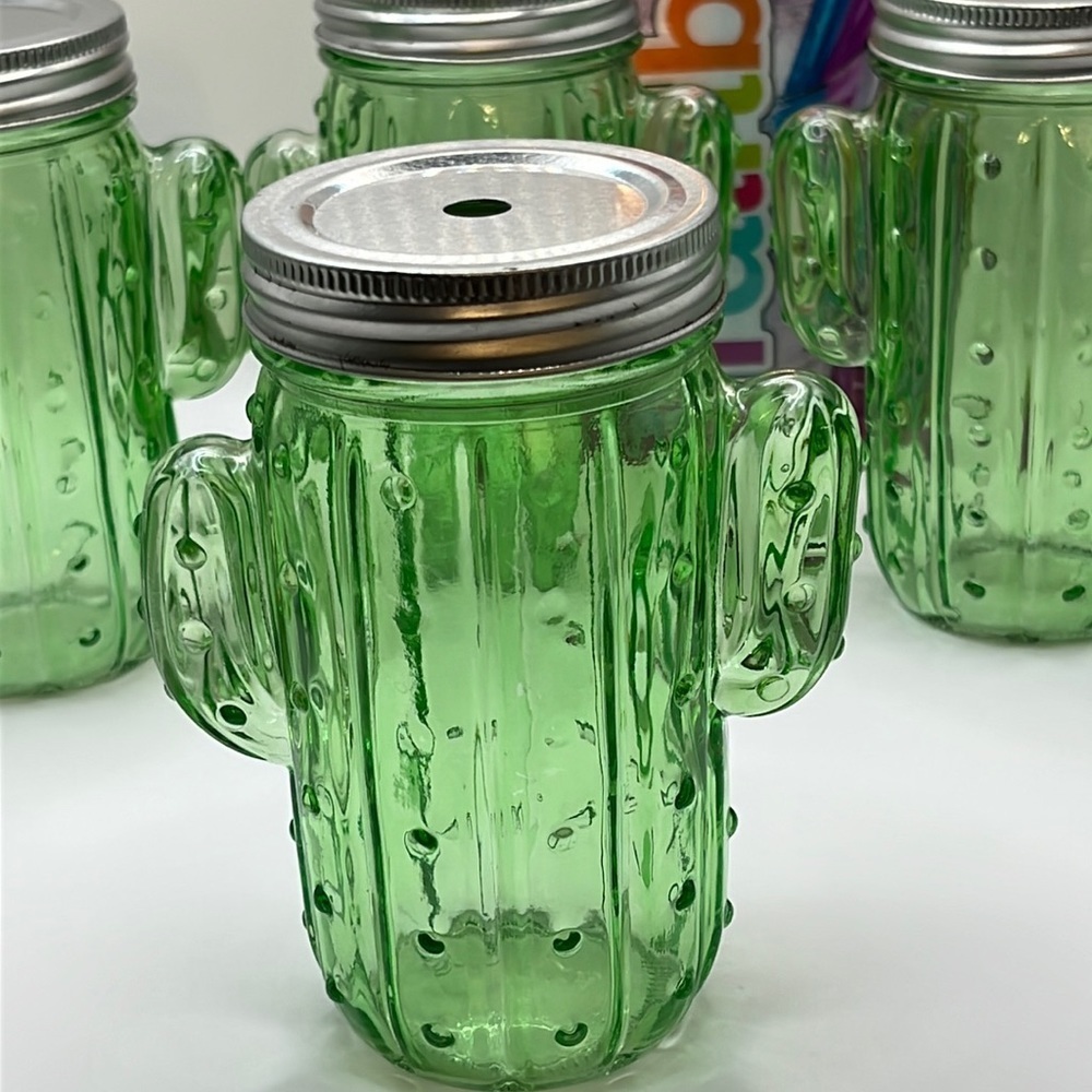 Green Cactus Glass Mason Jar Drinking Glasses with Lids - Set of 4 - Picture 2 of 6